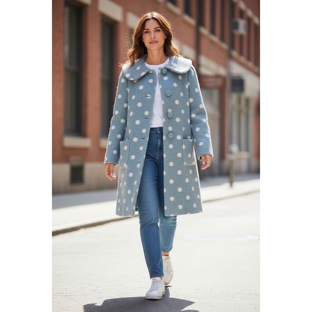 Hell Bunny Colette Women’s XL 50s Retro Style Blue White Polka Dot Wool Coat NOS